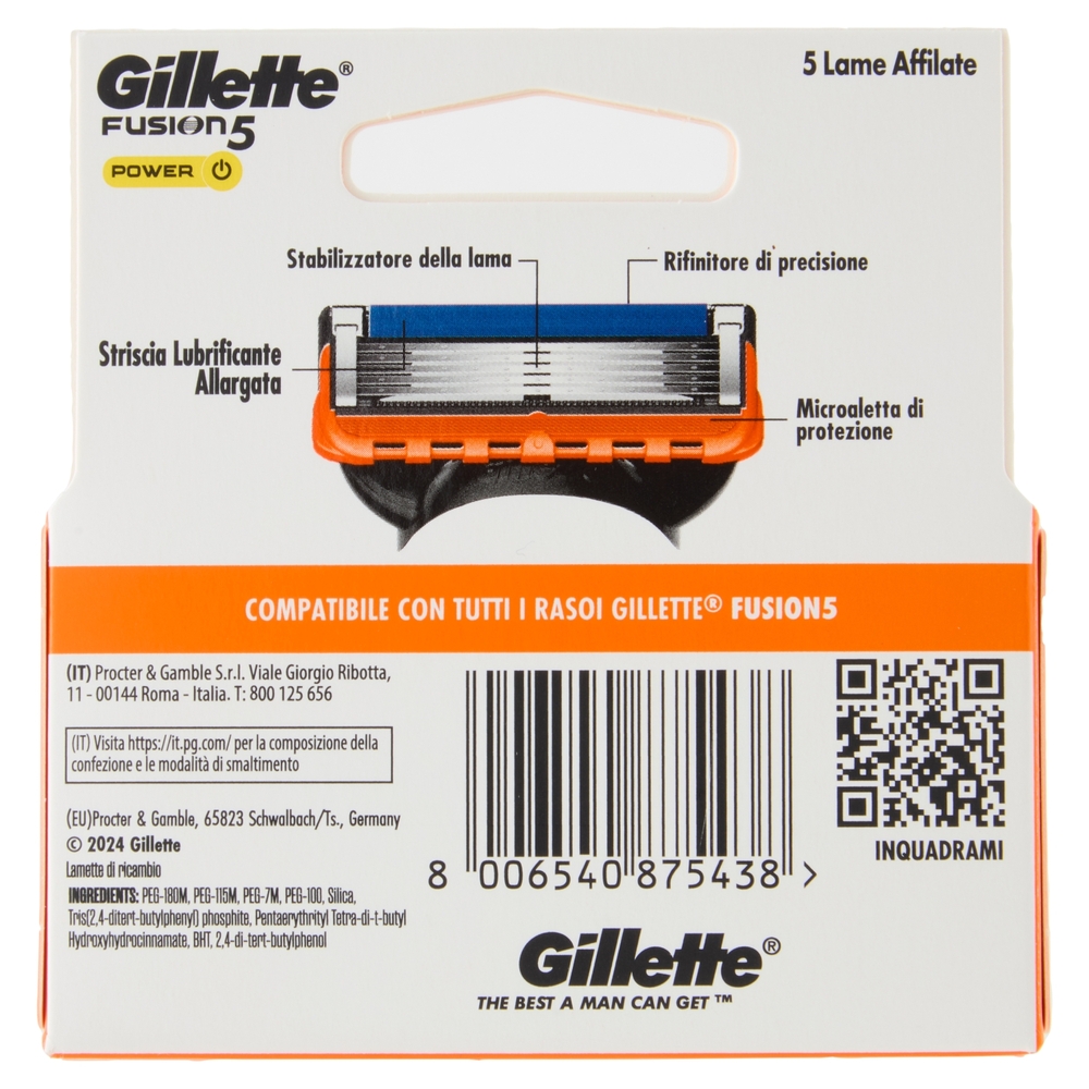 Gillette Lamette Rasoi Uomo Fusion5 Power per Rasoio a 5 Lame, Confezione da 4 Lamette Barba